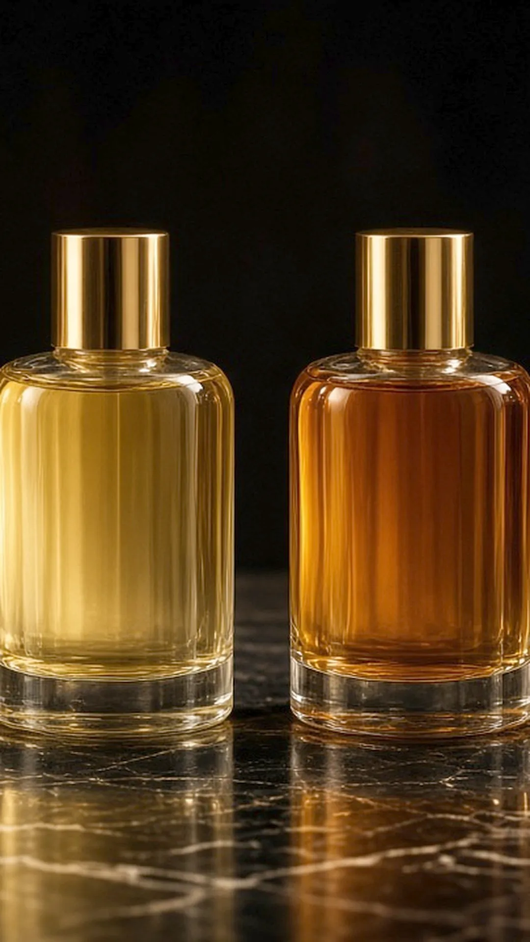 Two unbranded perfume bottles with pale and deep amber liquid on dark marble