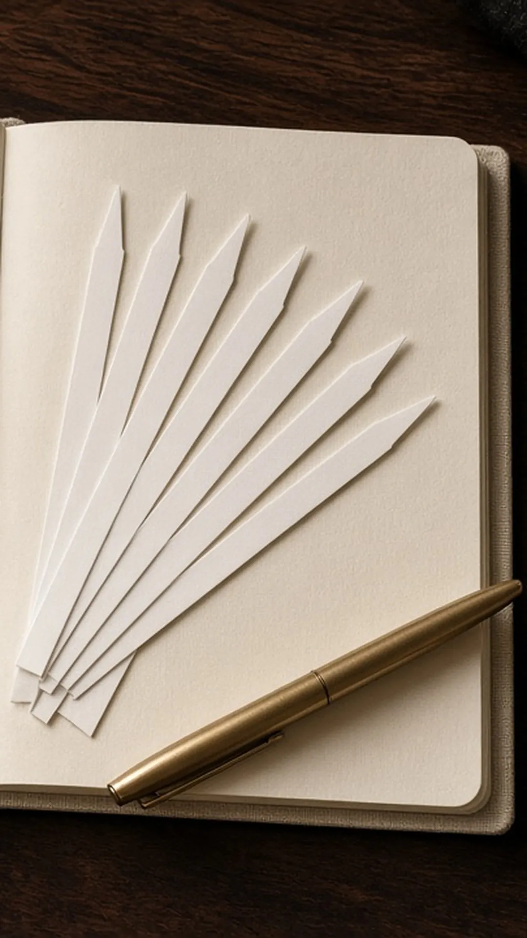Open notebook with paper blotters fanned on top and a pen