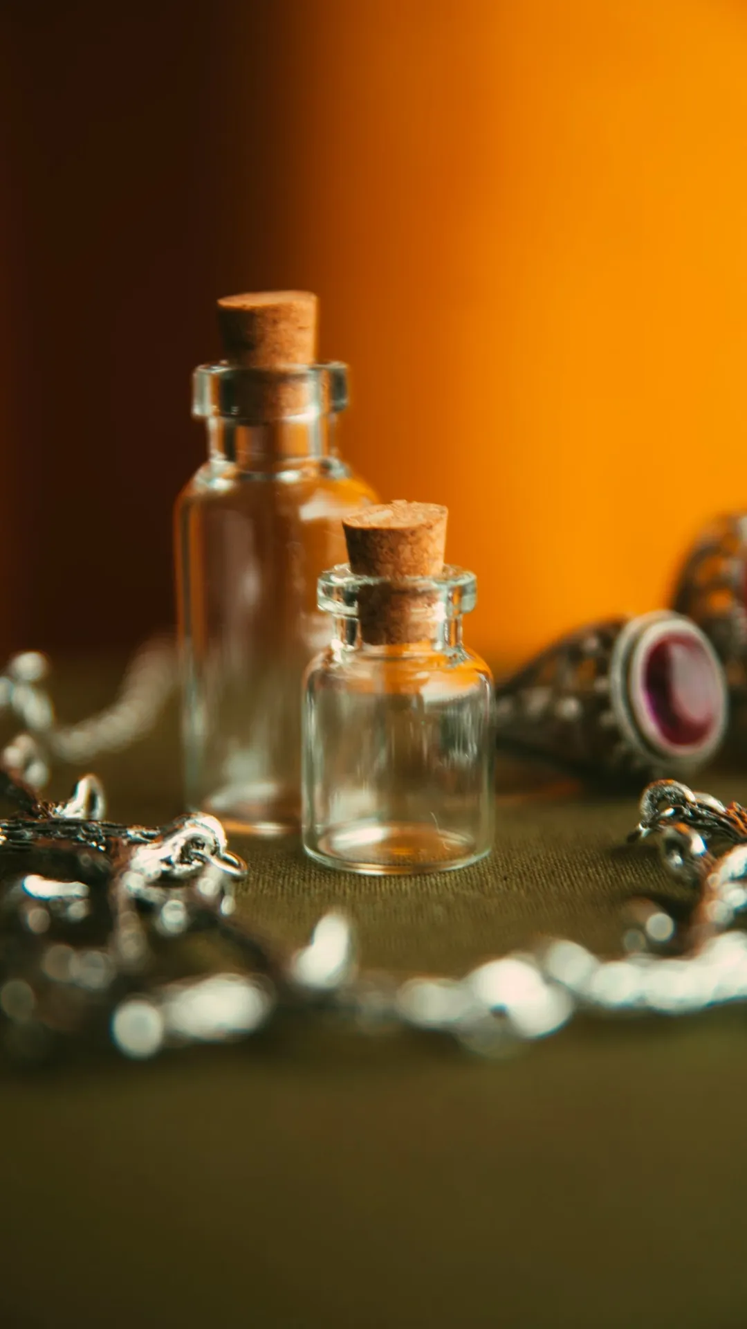 Two small corked vials with silver jewelry in amber backlight