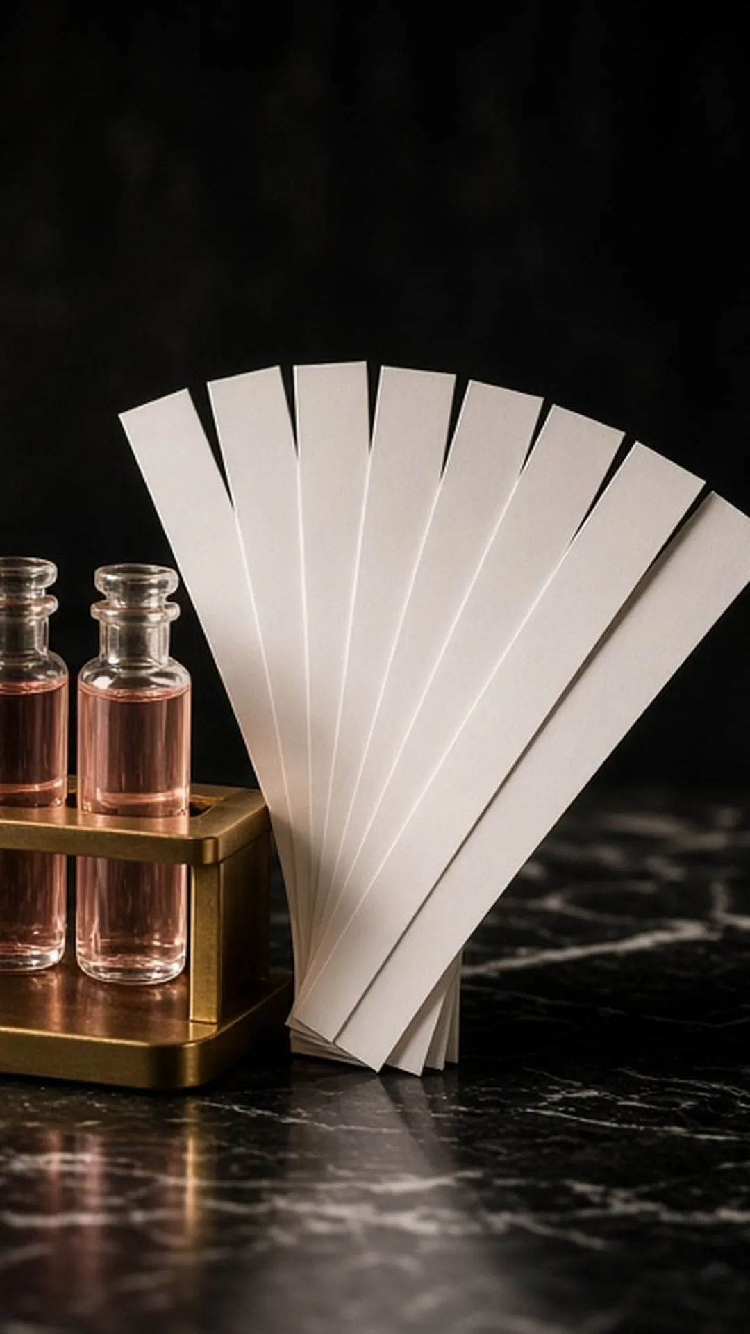 Small sample vials in a rack beside a fan of paper blotters