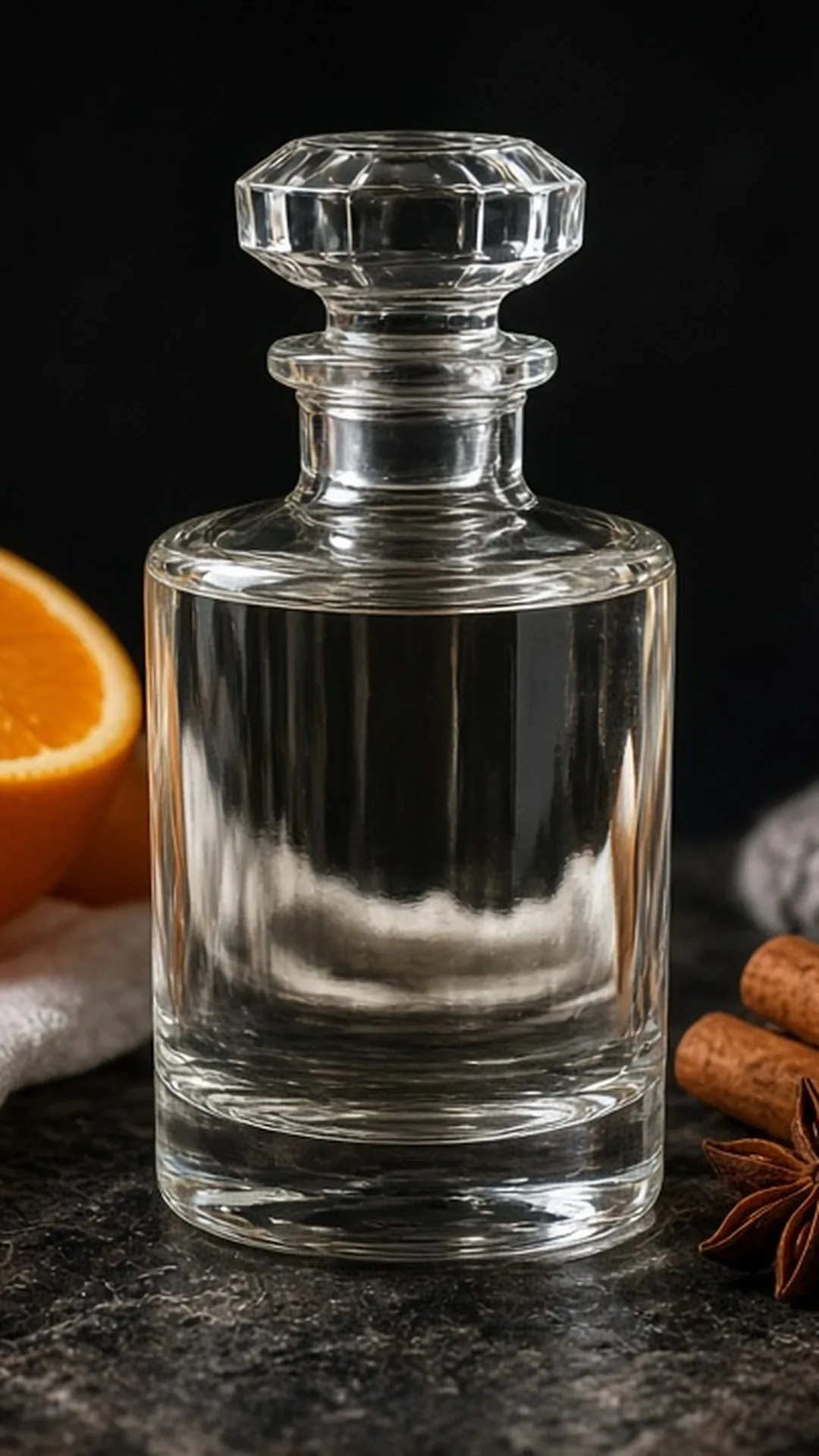 Faceted glass decanter beside orange slices and spices