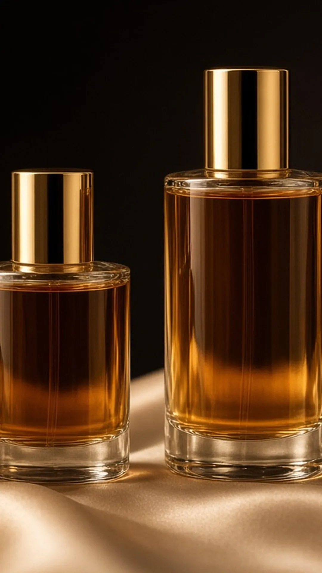 Two unbranded perfume bottles of different sizes on satin
