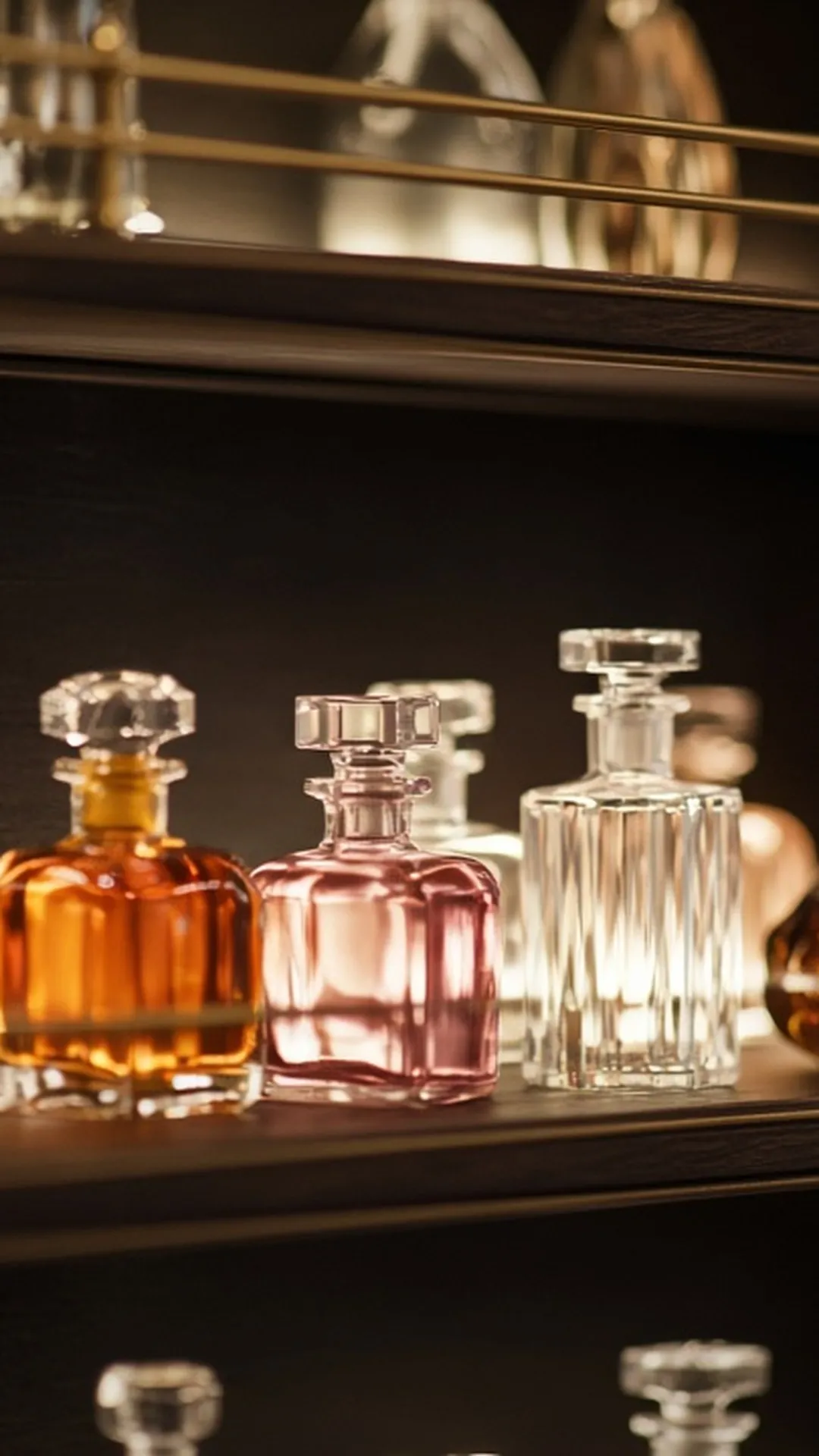 Shelf of unbranded perfume bottles in soft focus
